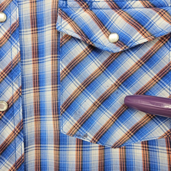 Wrangler Shirt Mens Medium Pearl Snap Western Short‎ Sleeve Rodeo Plaid Blue - Picture 4 of 11